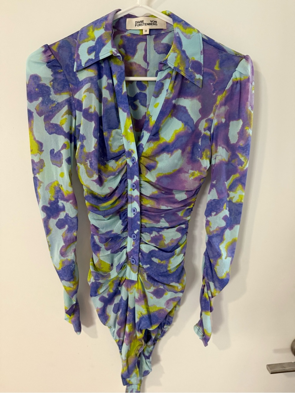 Diane von Furstenberg Purple Abstract Ruched Button-Front Mesh Top BodySuit XS
